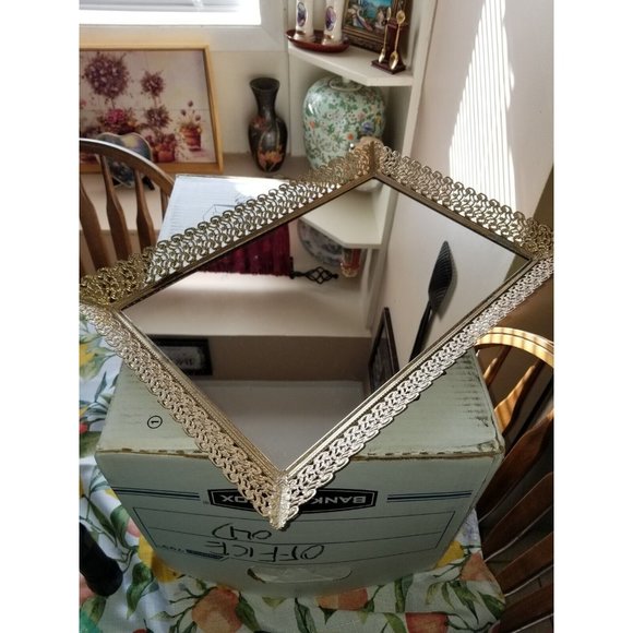 Accessories - Vanity Dresser Mirror Tray with Filagree Gold Tone Metal Frame Vintage Rectangle